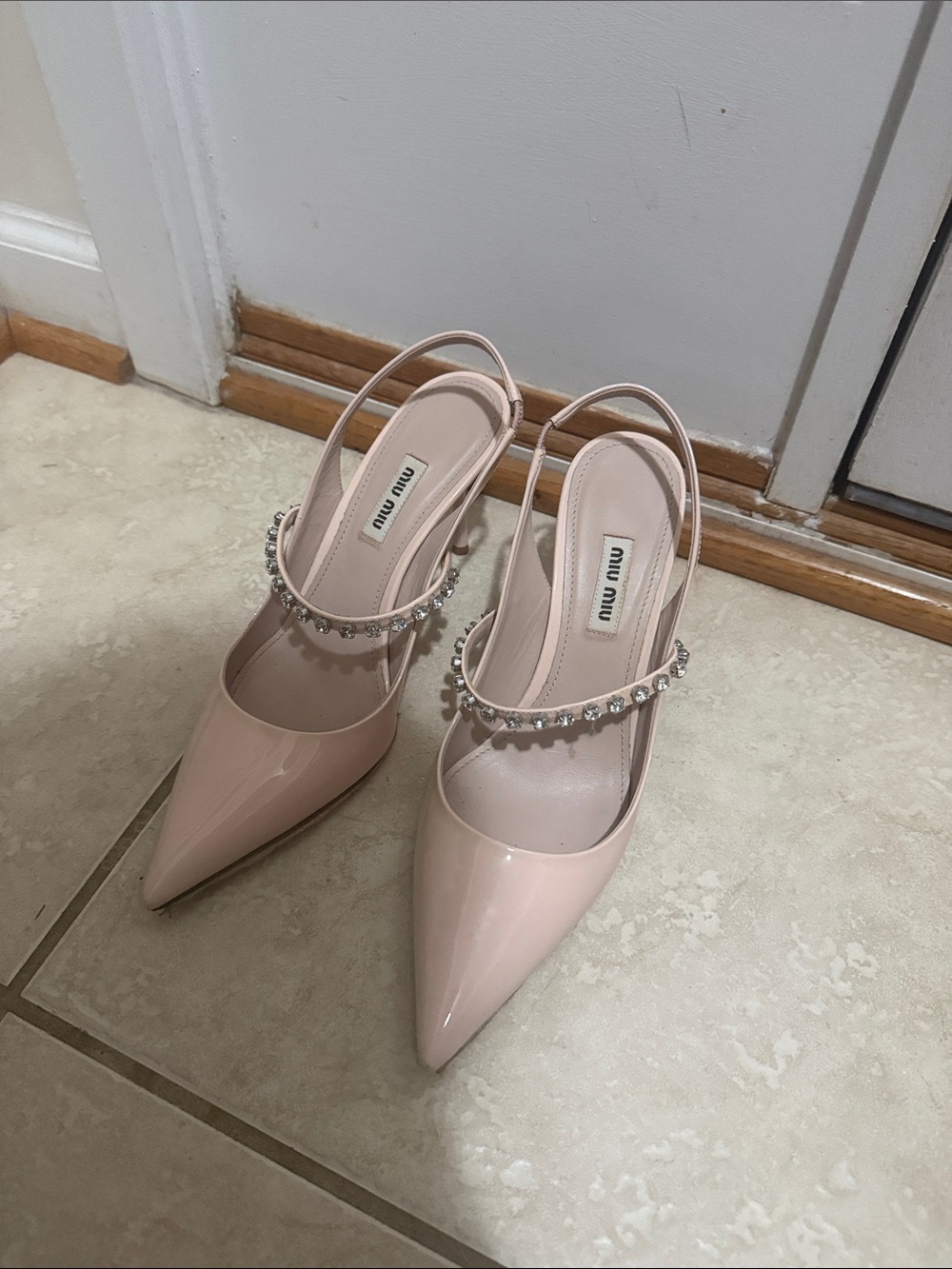 Miu Miu Pink Patent Leather Pointed Slingback Heels with Crystal Strap